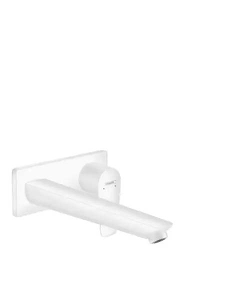 Hansgrohe-Waschtischmischer in Mattweiß, wandmontiert. Einhebelbedienung mit sichtbarem Auslauf. Schlichtes Design für moderne Badezimmer.